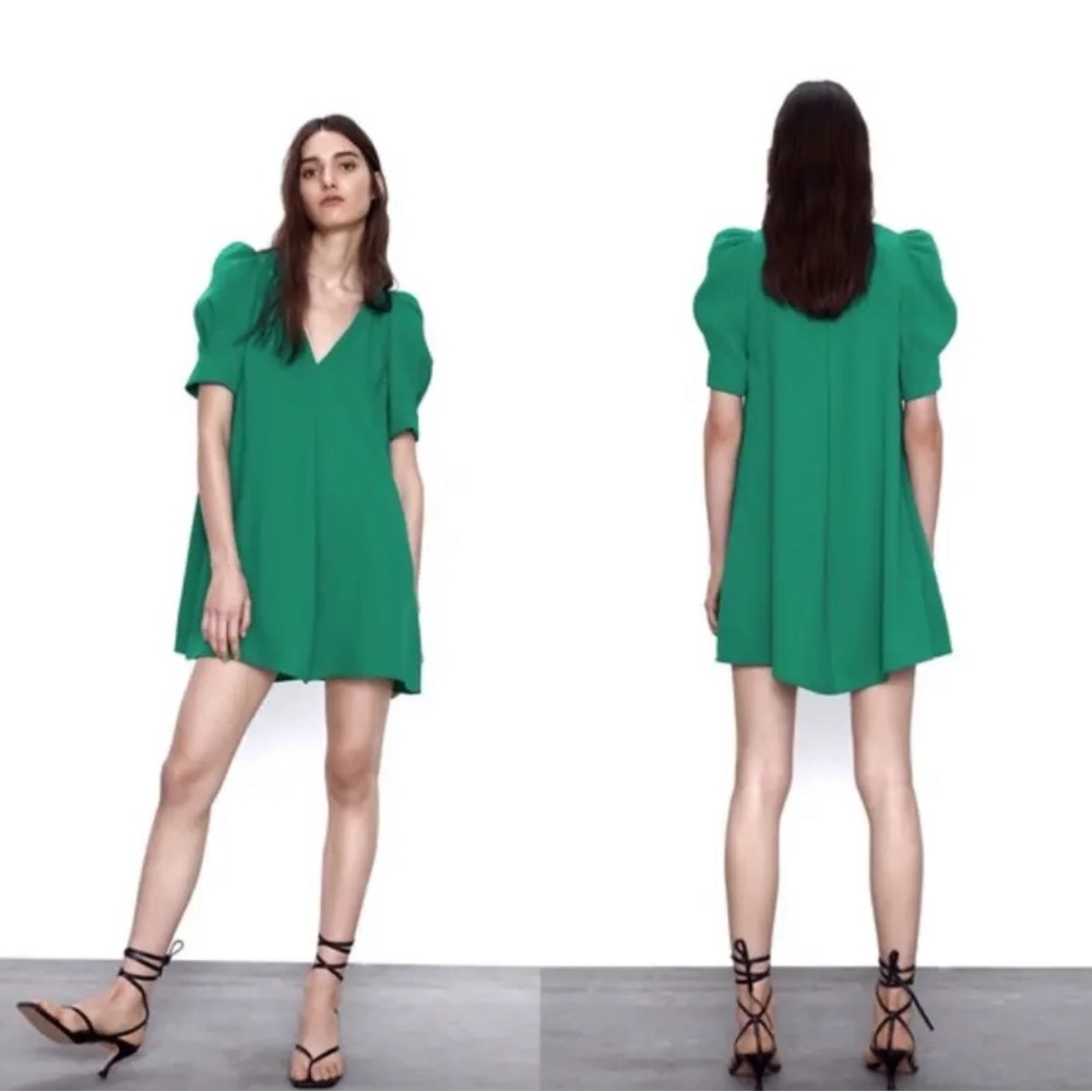 Zara - Kelly green mini puff sleeve dress